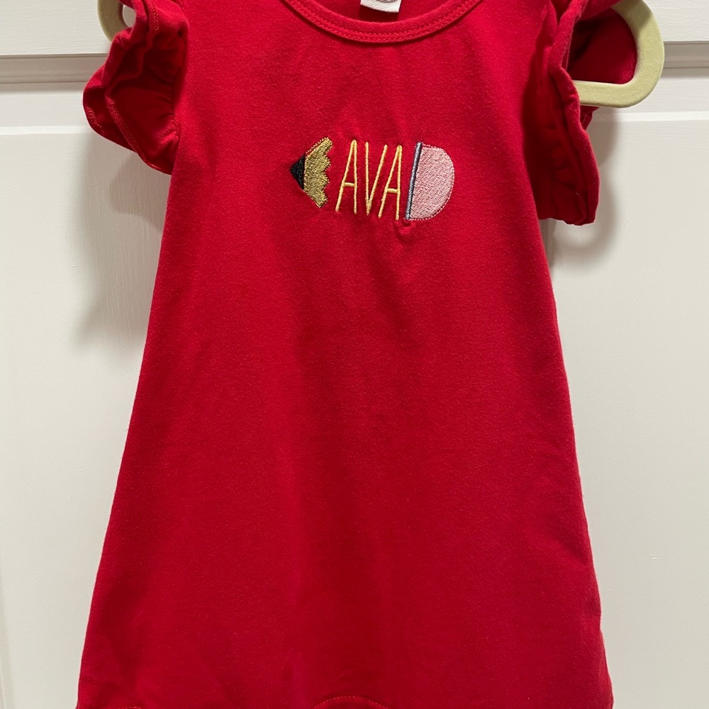 “Ava” Red Dress with Ruffle Sleeves and pencil embroidered with Ava